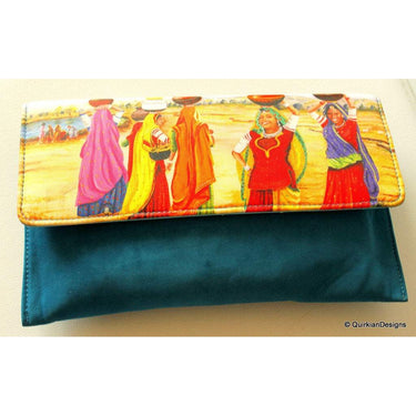 Blue Clutch Purse, Indian Village Girls, Wedding & Party Clutch, Faux Leather and Fabric Purse